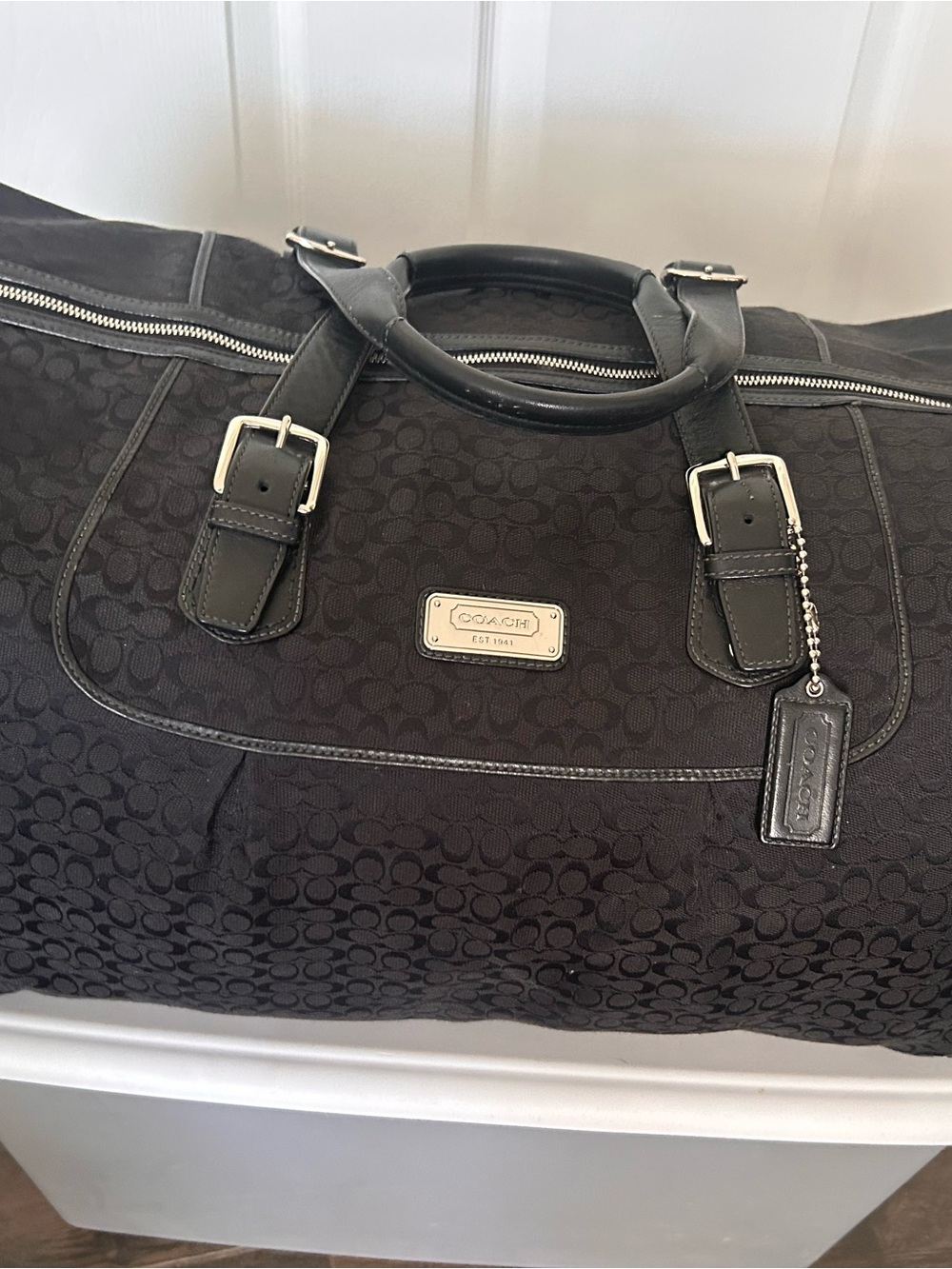 Coach Black Signature Logo Duffel with Leather Trim